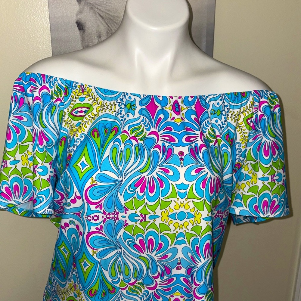 JUDE CONNALLY Aqua Pink Beautiful Colorful Elastic On Off Shoulder Top Size S - Picture 3 of 11